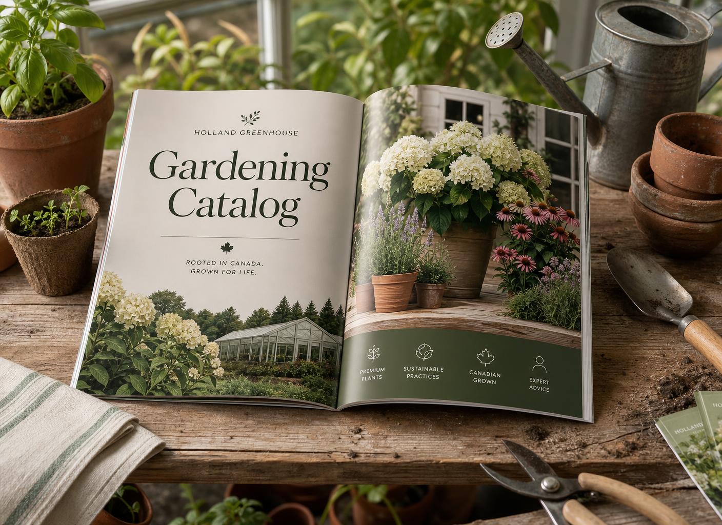 Holland Greenhouse catalog on a potting bench