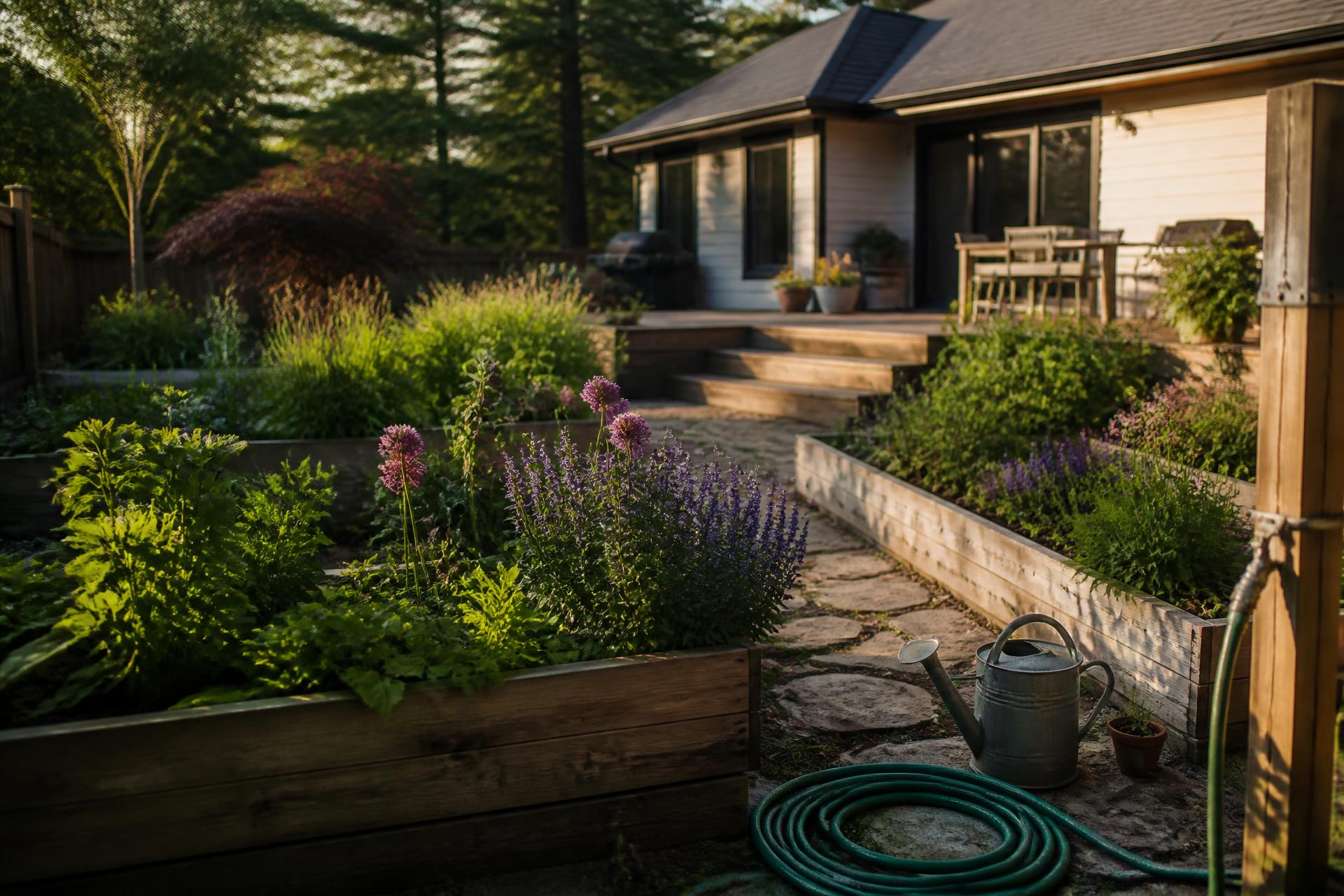 Canadian backyard garden with raised beds in late afternoon light